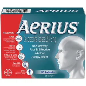Aerius Allergy Medicine 50 Tablets, Fast Relief, Non-Drowsy, 24-Hour Action for 15 Symptoms