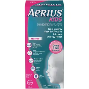 Aerius Kids Allergy Relief Syrup 100 mL - Non-Drowsy Bubble Gum Flavor, 24-Hour Relief for 15 Symptoms