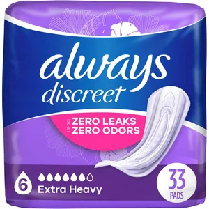 Always Discreet Adult Incontinence Pads for Women, Extra Heavy Absorbency, Regular Length, 33 CT