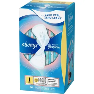 Always Infinity FlexFoam Pads Size 1 Regular Absorbency, Unscented, 36 Count for Zero Leaks