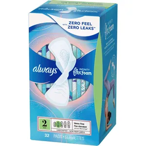 Always Infinity FlexFoam Pads Size 2 Heavy Flow Absorbency, Zero Leaks & Feel, Unscented, 32 Count