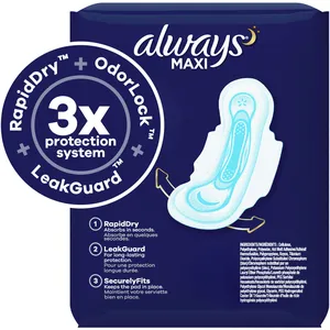 Always Maxi Overnight Pads with Wings, Size 4, Unscented, 100% Leak-Free Protection