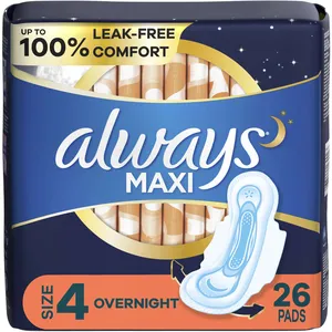 Always Maxi Overnight Pads with Wings, Size 4, Unscented, 26 Count, 100% Leak-Free Comfort