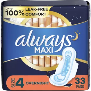 Always Maxi Overnight Pads with Wings, Size 4, Unscented, 33 Count - 100% Leak Free Comfort