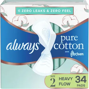 Always Pure Cotton Feminine Pads, Size 2, Heavy, Unscented, FlexFoam for Zero Leaks and Comfort
