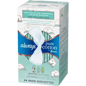 Always Pure Cotton FlexFoam Pads Heavy Flow Size 2, 24 Count - Ultra Absorbent & Soft Protection