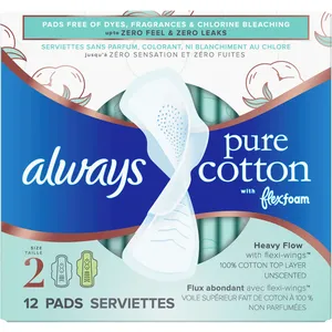 Always Pure Cotton FlexFoam Pads Size 2, 12 Count â€“ Ultimate Heavy Flow Protection & Comfort