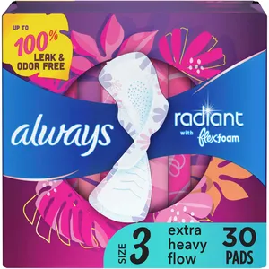Always Radiant Feminine Pads, Size 3 Heavy, with Wings, Light Clean Scent for Ultimate Comfort