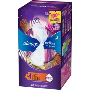 Always Radiant FlexFoam Pads for Women, Size 4, Overnight Absorbency, Leak & Odor Free, 28 Count