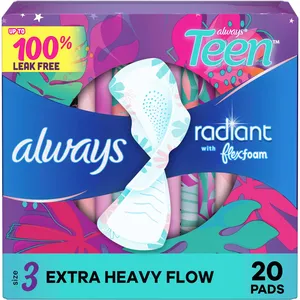 Always Radiant Teen Pads Size 3 Extra Heavy with Wings â€“ 100% Leak Protection, Unscented Comfort