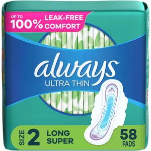 Always Ultra Thin Feminine Pads with Wings, Size 2, Long Super Absorbency, Unscented, 100% Leak-Free