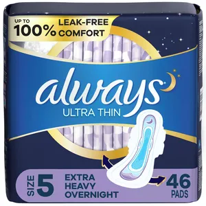 Always Ultra Thin Overnight Pads, Size 5, Extra Heavy, Unscented, 100% Leak Free Comfort