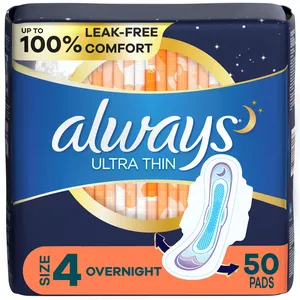 Always Ultra Thin Overnight Pads with Flexi-Wings, Size 4, Unscented, 100% Leak Free Comfort