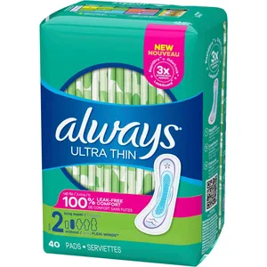 Always Ultra Thin Size 2 Long Pads Unscented - 40 Count with 3X Protection System for Leak-Free Comfort
