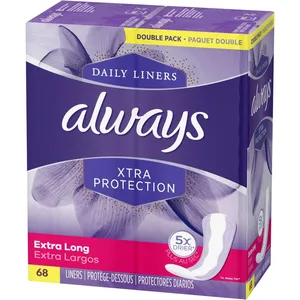 Always Xtra Protection Daily Liners Extra Long Unscented, 68 Count - All-Day Comfort & Protection