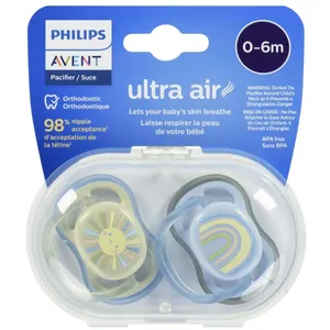 Avent Ultra Air Pacifier 0-6m, Smiling Sun/Blue Rainbow, 2 Pack - Breathable & BPA-Free