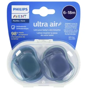 Avent Ultra Air Pacifier 6-18m, Deep Opal & Steel Blue, BPA Free, 2 Pack with Sterilizer Case