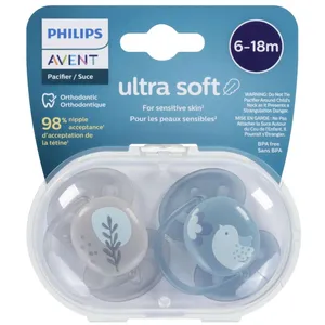 Avent Ultra Soft Pacifier 6-18m, Blue Dove/Silver Leaf, 2 Pack with Sterilizer Case