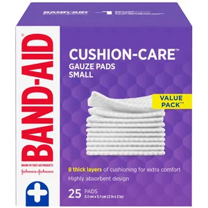 BAND-AID CUSHION-CARE Small Sterile Gauze Pads 2x2 Inches, 25 Count for Cuts, Scrapes, and Burns