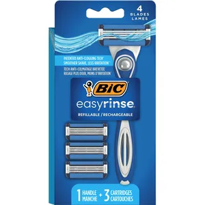 BIC EasyRinse Refillable Men's Razor Kit with 4 Blades, 1 Handle & 3 Cartridges for Smooth Shave