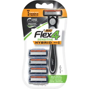 BIC Flex 4 Sensitive Hybrid Razor with 4 Flexible Blades and Lubricating Strip for a Closer Shave