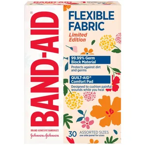 Band-Aid Flexible Fabric Wildflower Bandages, 30 Count, Stylish & Protective for Cuts and Scrapes