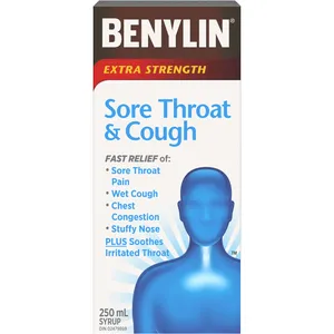 Benylin Extra Strength Sore Throat & Cough Relief Syrup 250mL â€“ Fast Relief for Cough & Sore Throat