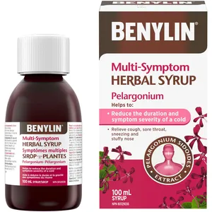 Benylin Multi-Symptom Herbal Syrup 100mL - Cough Suppressant & Sore Throat Relief with Pelargonium