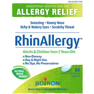 Boiron Rhinallergy Natural Relief for Seasonal Allergies, Non-Drowsy Tablets, 60 Count