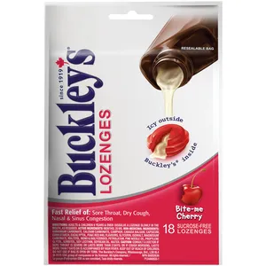 Buckleyâ€™s Cough Lozenges Bite-Me Cherry - 18 Sugar-Free Lozenges for Fast Relief of Sore Throat