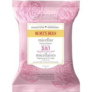 Burt's Bees Micellar Cleansing Towelettes with Rose Water, 30 Count - Natural Makeup Remover