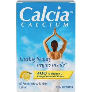 Calcia Calcium with Vitamin D 400IU, 500MG Tablets - Gluten Free Lemon Flavor for Strong Bones
