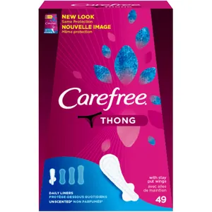 Carefree Thong Panty Liners, Thin To Go, Pack of 49, Ultimate Protection for Skimpiest Undies