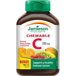 Chewable Vitamin C 500 mg - Mixed Flavours: Cherry, Orange, Tropical - Immune Support & Antioxidant