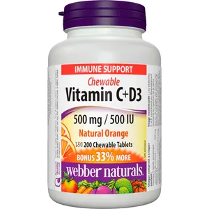 Chewable Vitamin C+D3 500 mg/500 IU - Natural Orange Flavor for Immune & Bone Health