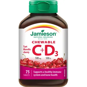 Chewable Vitamin C D 500 IU Morello Cherry Tablets for Immune Support and Healthy Bones