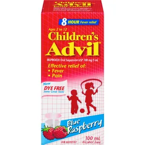 Children's Advil Fever and Pain Relief, Blue Raspberry Flavor, 100 mL, Dye-Free Oral Suspension