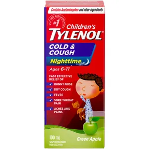 Children’s Tylenol Cold & Cough Nighttime Liquid, Green Apple Flavor, 100 mL - Cough Relief for Kids