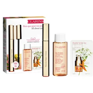 Clarins Supra Volume Collection Set - Intense Black Mascara, Micellar Water & Double Serum Eye