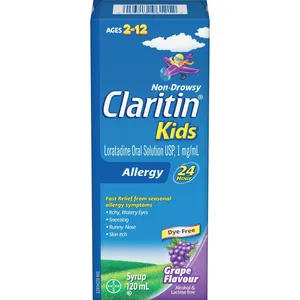 Claritin Kids Allergy Relief Syrup - 120 mL Grape Flavor, 24-Hour Non-Drowsy Formula for Children