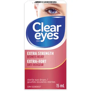 Clear Eyes Extra Strength Redness Relief Eye Drops - 15 ml for Itching, Burning, Watery Eyes