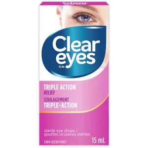 Clear Eyes Triple Action Relief Eye Drops 15 ml - Redness Reducer, Moisturizing & Irritation Relief