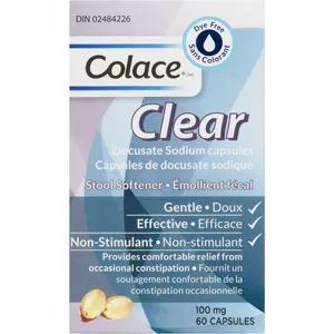 Colace Docusate Sodium Capsules Clear Stool Softener - Dye Free, Gentle, Non-Stimulant, 100 mg