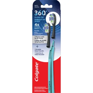 Colgate 360 Floss Tip Replaceable Head Toothbrush Kit with 2 Brush Heads & Metal Handle