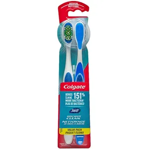 Colgate 360° Toothbrush with Tongue Cleaner, Medium - 2 Count for Effective Plaque Removal
