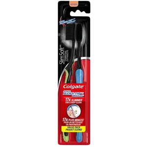 Colgate Slim Soft Charcoal Toothbrush 2 Count - 17x Slimmer Tip Soft Bristles for Deep Clean