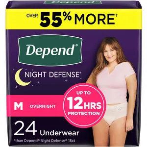 Depend Night Defense Medium Incontinence Underwear for Women - Disposable, Overnight, Blush, 24 Count