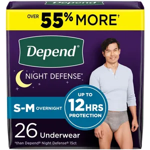 Depend Night Defense Underwear for Men, Small/Medium, Overnight Protection, Grey, 26 Count