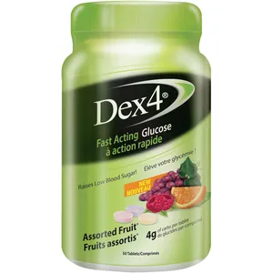 Dex4 Fast Acting Glucose Tablets, Assorted Fruits Flavor, 50 Count Bottle for Quick Hypoglycemia Relief