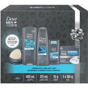 Dove Men+Care Essential Grooming Gift Pack for Him - Body Wash, Shampoo, Deodorant & Shower Tool